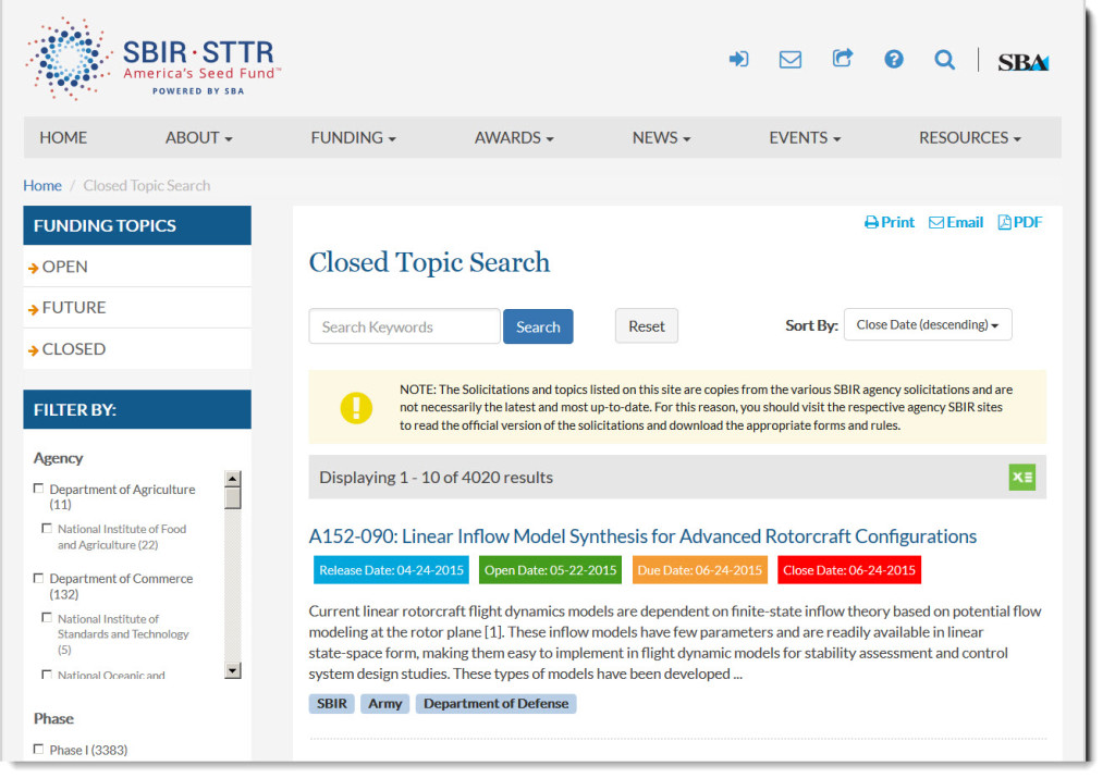SBIR.gov closed topic search screen shot