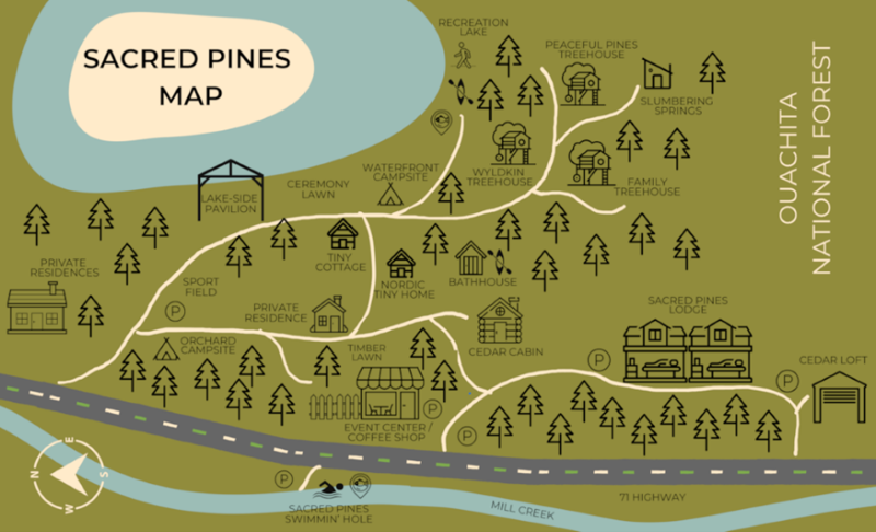 A map of the Sacred Pines property and amenities