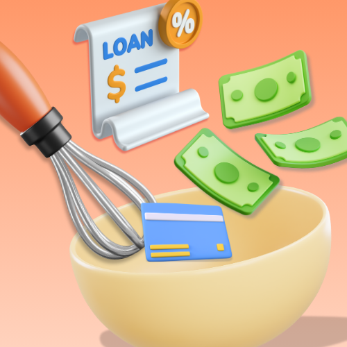 illustration of dollars, credit card, and loan document going into mixing bowl